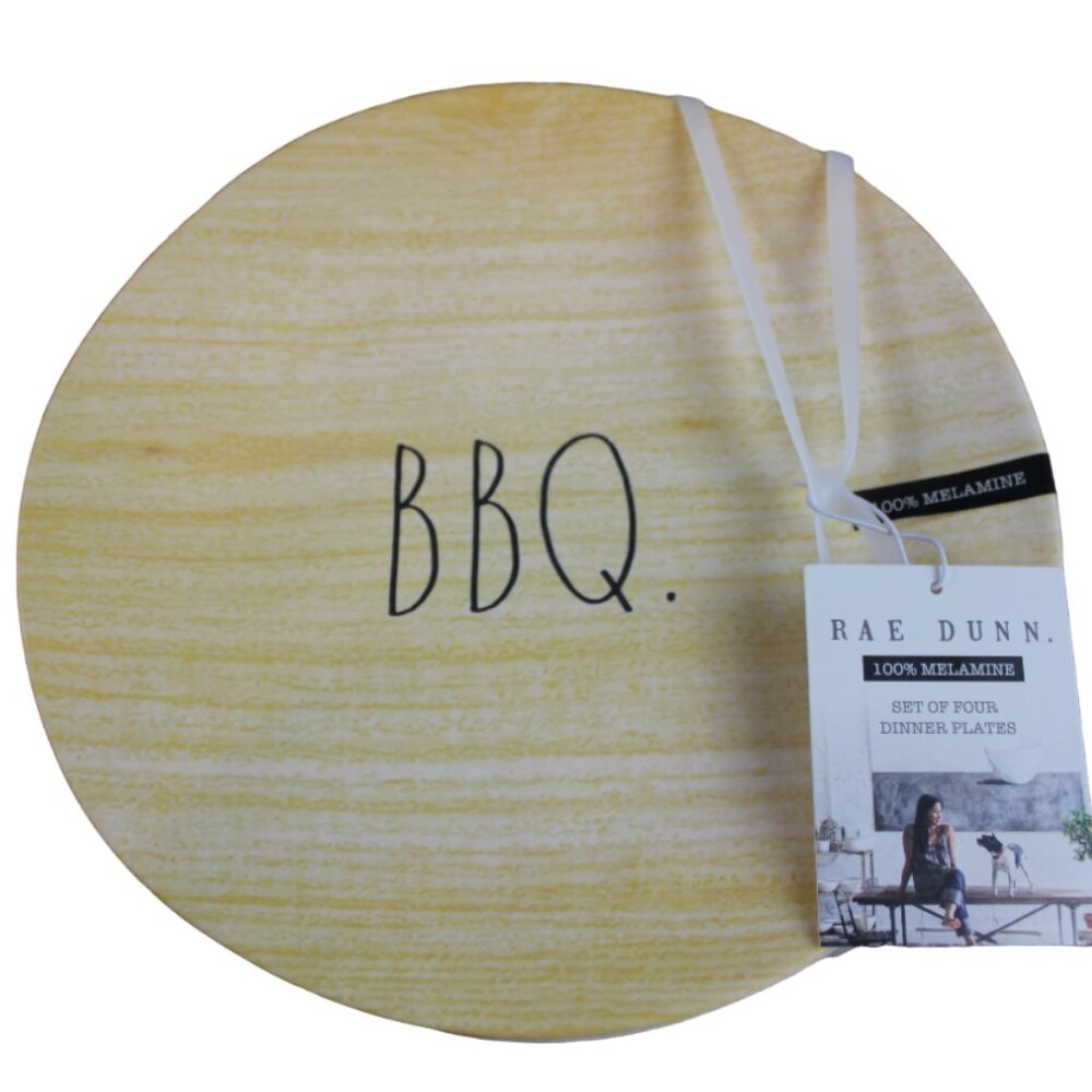 Rae Dunn BBQ Wood Grain Look Set of 4 10.5" Melamine Dinner Plates Barbecue NWT